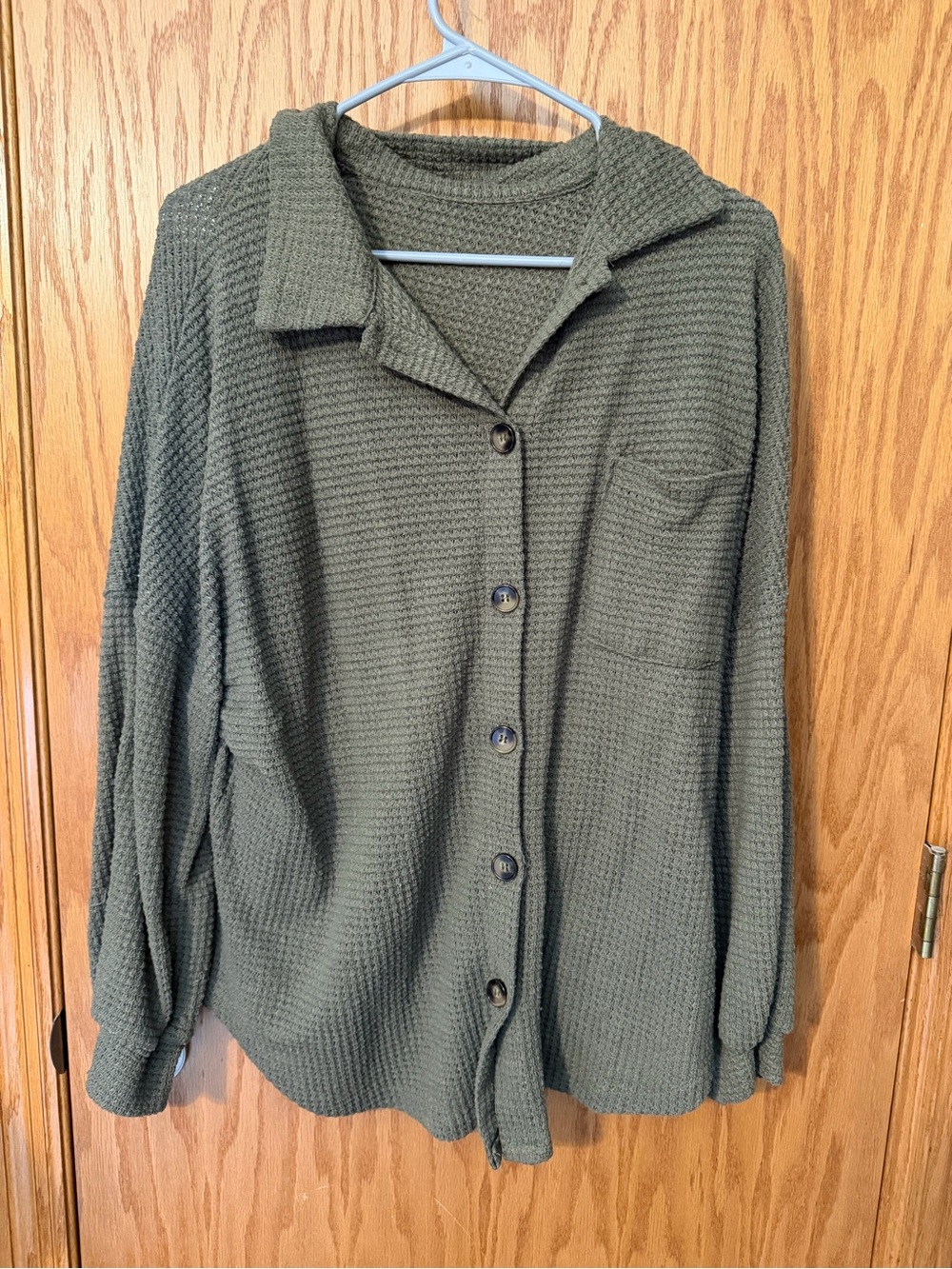 Olive Waffle-Knit Button-Up Shirt